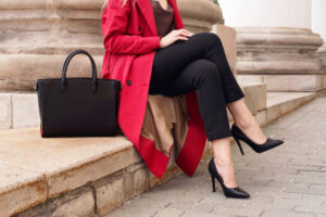 Fashion,Street,Portrait,Woman,Wear,Trendy,Red,Trench,Coat,,Heels,