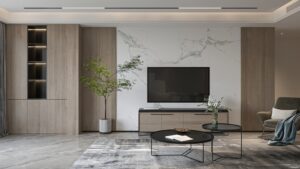 Modern,Living,Room,Interior,With,Marble,Accent,Wall,And,Tv